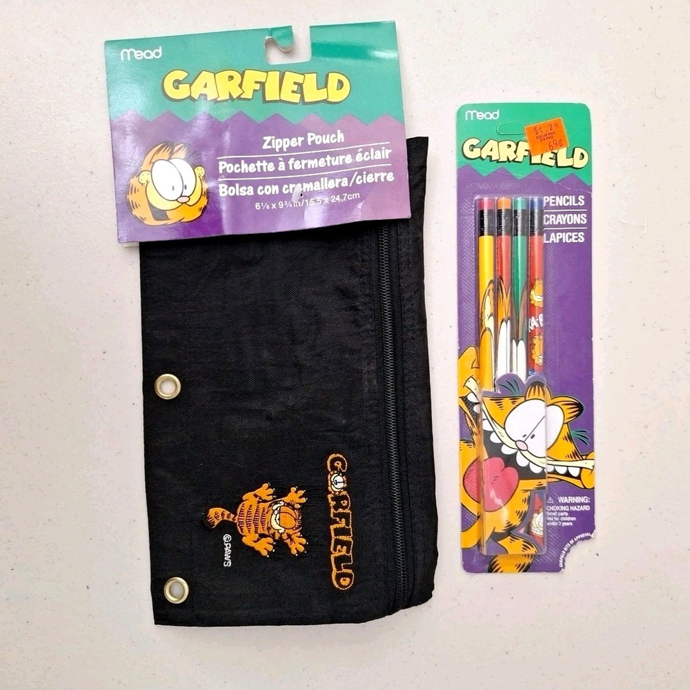 Vintage NEW 1990s Mead Embroidered Garfield Zipper Pouch Black & 4 No. 2 Pencils